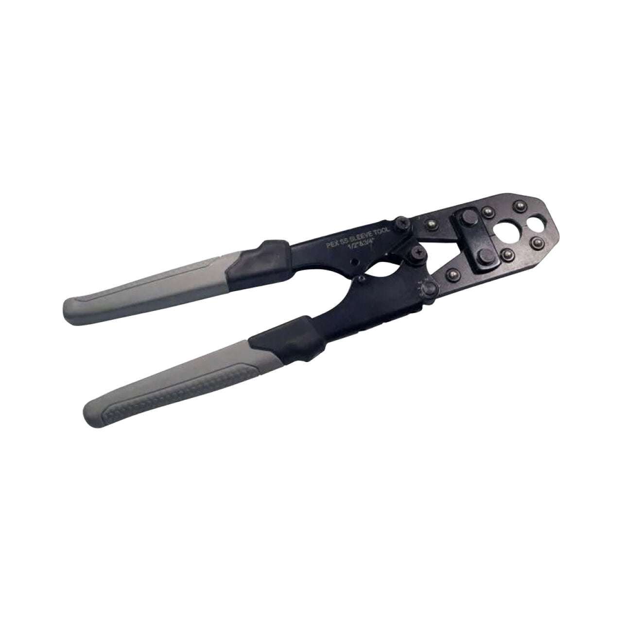 The Go Build 1/2 in. & 3/4 in. PEX SS Sleeve Tool features gray and black handles and a dual crimp design, perfect for fastening stainless steel sleeves or connectors to wires or cables.